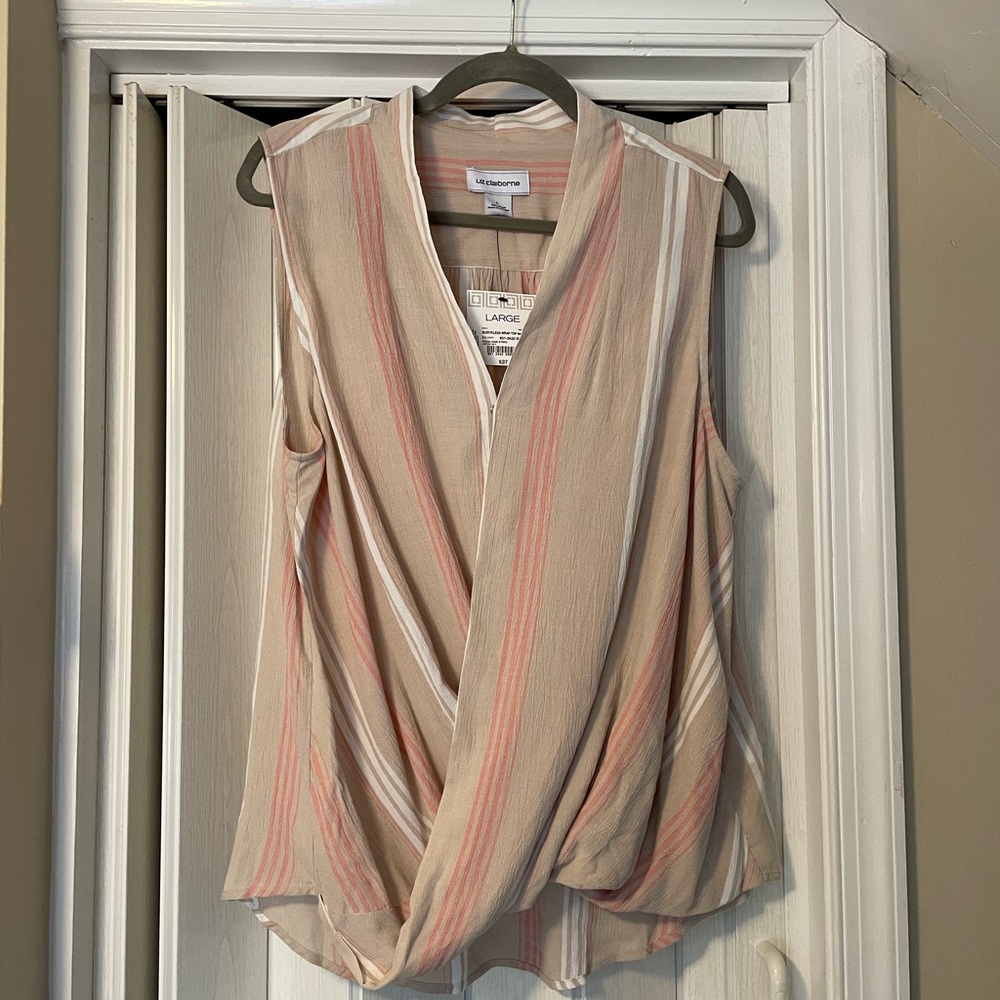 Liz Claiborne Beige Sleeveless Wrap Top With Pink & White Stripes NWT
